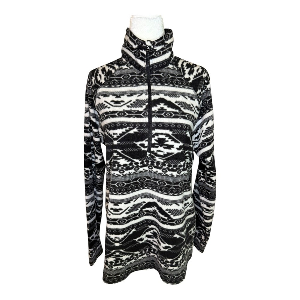 Eddie Bauer Fleece Pullover Aztec Print Quarter Zip Cozy Comfy Black White Large